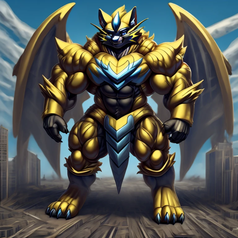 (zeraora, 8K), (zeraora's giant robot, Powered exoskeleton with the same design as zeraora), (Masterpiece, highres) (Detailed head, Detailed Body, Detailed abs, full body) (gigantic muscles, Gigachad Muscular, big muscle, pecs, triceps, traps, unusually developed muscular body, body full of huge muscles. showing off muscles, pectorales enormes, Exaggeratedly huge muscles.) (nj5furry, The claws are sharp, Sharp teeth, sharp claws), (long legs), (Spread wings, It has wings, have big wings, golden wings), (Wrestling, wrestler, the bodybuilding), (It has wings, whole body shines like metal, Wearing cyberpunk mecha, emphasizes the muscles, suit fully made of metal, intricate armor, Robotic suit, suit fully made of metal, cyborg), menacing pose, sitting on the throne, An arrogant expression. destroying city. BULK UP.