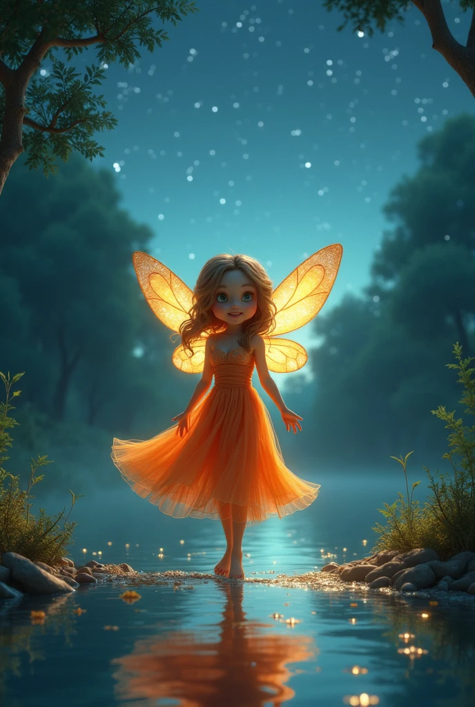 she was only a few inches tall、It has translucent light green wings.。sheの金色の髪は肩まで届く、sheの目は小さな星のように輝いている, pure blue。sheのドレスは花びらでできている、It sways gently with every wind.。Holding a magic wand in his hand、There is a shining star at the tip。she'In the depths of the night forest,、woodの上の月明かり々wood々Sunlight filtering through the leaves as I stand beside a quiet lake.。sheの周り、A small firefly glows、sheを囲んで踊っています