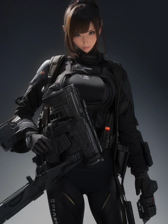 Best image quality、Amazing details、Ultra-high resolution、（realism：1.4）、（（Close：0.75））、One woman is very condensed、Beautiful and delicate face、Perfect proportions、Narrow your target audience、Small breasts）、Black Hair、（High-tech suit）、（A cyborg compared to a police uniform、、、Black and grey mech、Military Harness、Holding a machine gun、Hitch Tech Flamethrower Tank Transport）、Simple grey wall in the background、
