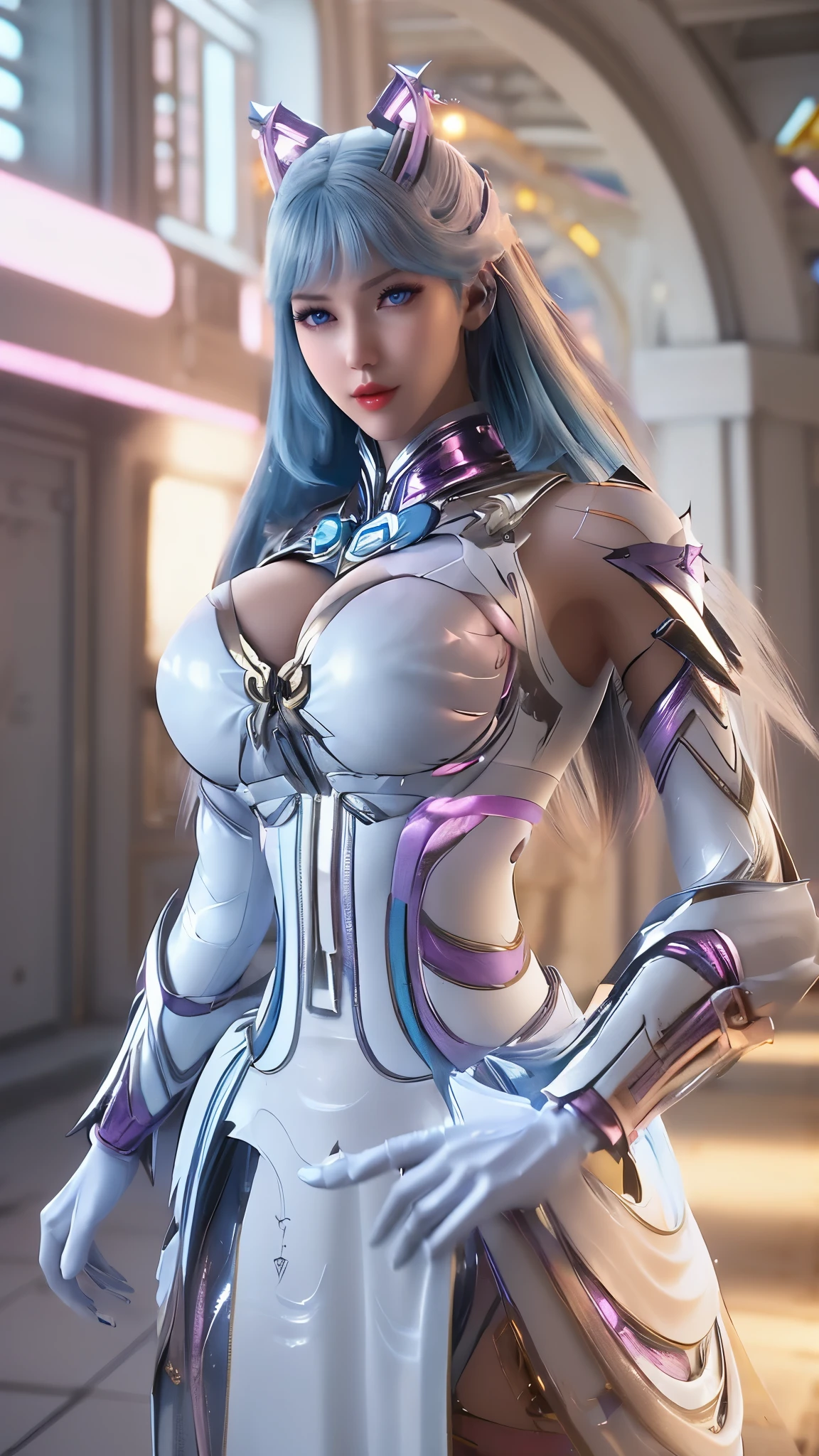 A beauty girl with (blue pink multiple color long hair:1.5), 1GIRL, standing, (COWBOY SHOT PORTRAIT:1.4), (MECHA GOLDEN DRAGON HEAD ACCESORIES:1),((HUGE FAKE BREASTS,CLEAVAGE TOP:1.5)), (11 line ABS:1.3), ((MECHA GUARD ARMS,Light Emitting Diode BODY:1.1)), (PURPLE SHINY STELLAR STAR GODDESS ARMOR,WHITE SKINTIGHT MECHA SUIT:1.5), (PERFECT THICK BODY, GLOWING BODY SKIN:1.1), (LOOKING AT VIEWER:1.3), (HALLWAY OF FUTURISTIC SPACE STATION:1), (BRIGHT LIGHT WHITE_ROOM:1.3), HYPER TEXTURE, UNREAL ENGINE RENDER, PHYSICALLY-BASED RENDERING, ULTRA HIGHT DEFINITION, 16K, DSLR, 1080P.