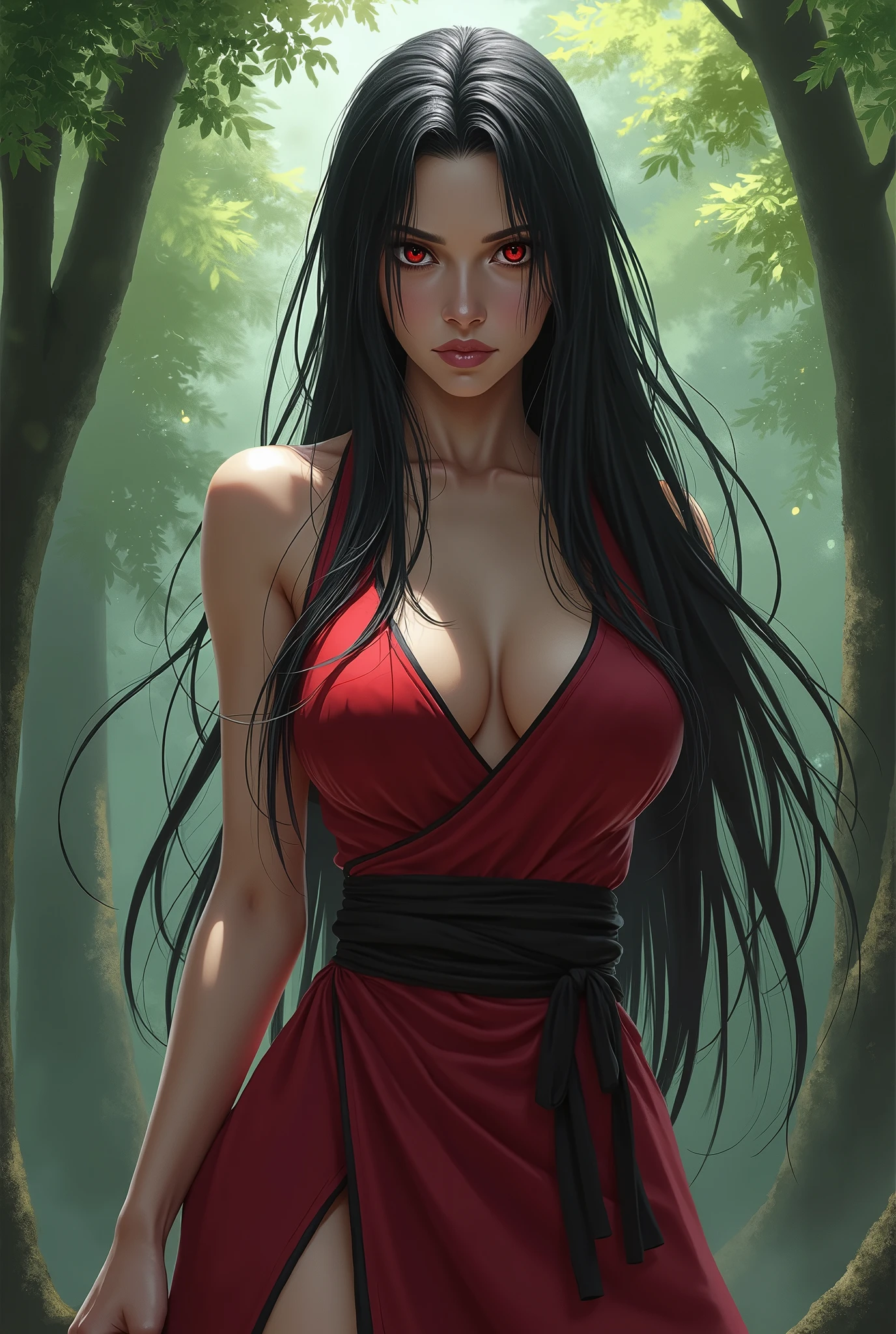 A girl from the Naruto universe who is from the Senju clan with black hair big boobs and can use wood release