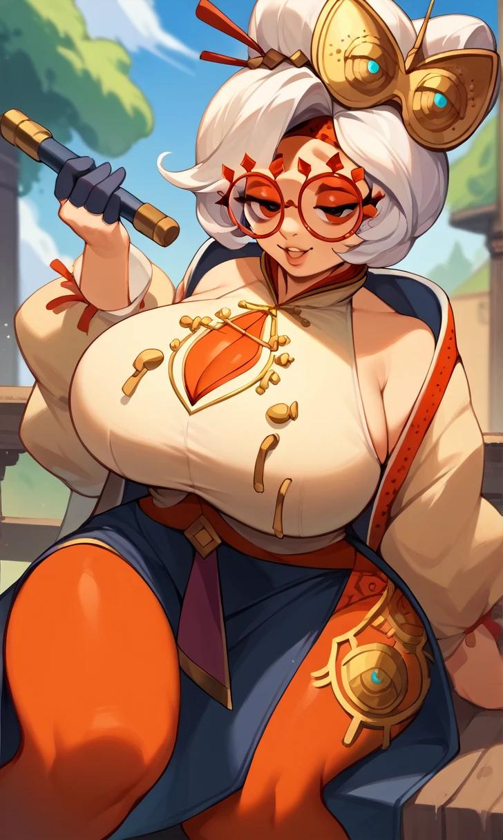 score_9, score_8_up, score_7_up, score_6_up, score_5_up, score_4_up, (source_anime), purah,
1girl,  huge breasts, narrow waist, thick thighs,  hair ornament, red headband, red glasses, sleeveless shirt, white coat, black skirt, red leggings, gloves, high heels, outdoors, happy,