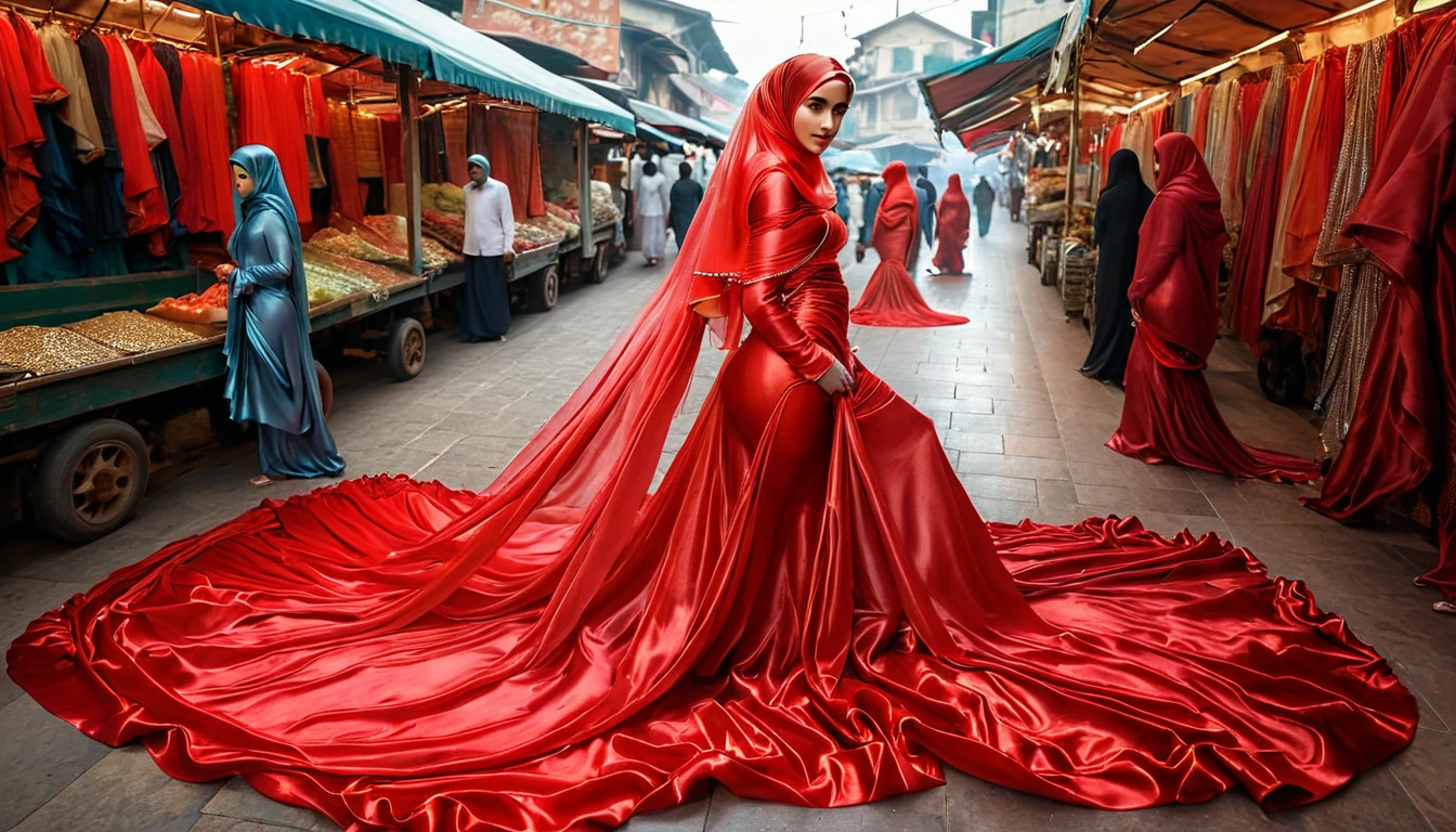 woman shrouded in a 10-meter-long, plush red semi transparent satin shimmer cloth, tightly bound and grandly draping along the form of her body, flowing off into a pooled floor-length train, styled in a mermaid-inspired outfit, her head modestly veiled in a satin hijab with transparent veil,walk in traditional market, a full-body pose conveying a sense of mysterious elegance, captured in a 4k resolution, ultra-realistic