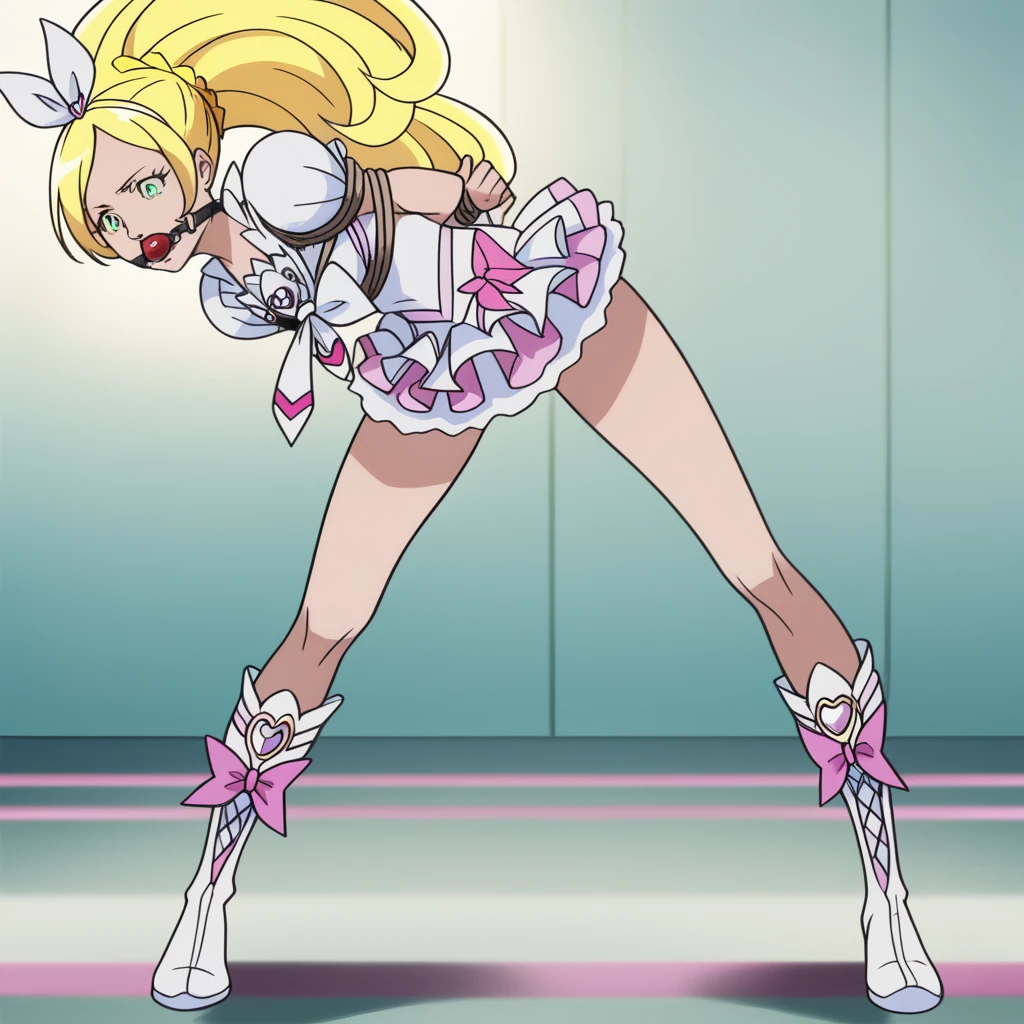 1girl,cure rhythm,suite precure, kidnapped, rope bondage, full body, gagged, ballgag, rope, hands behind back,tie white boots, masterpiece, highly aesthetic, photorealistic, 8k, ultra-detailed, cinematic lighting, dramatic shadows, intricate details, vibrant colors, sensitive pose