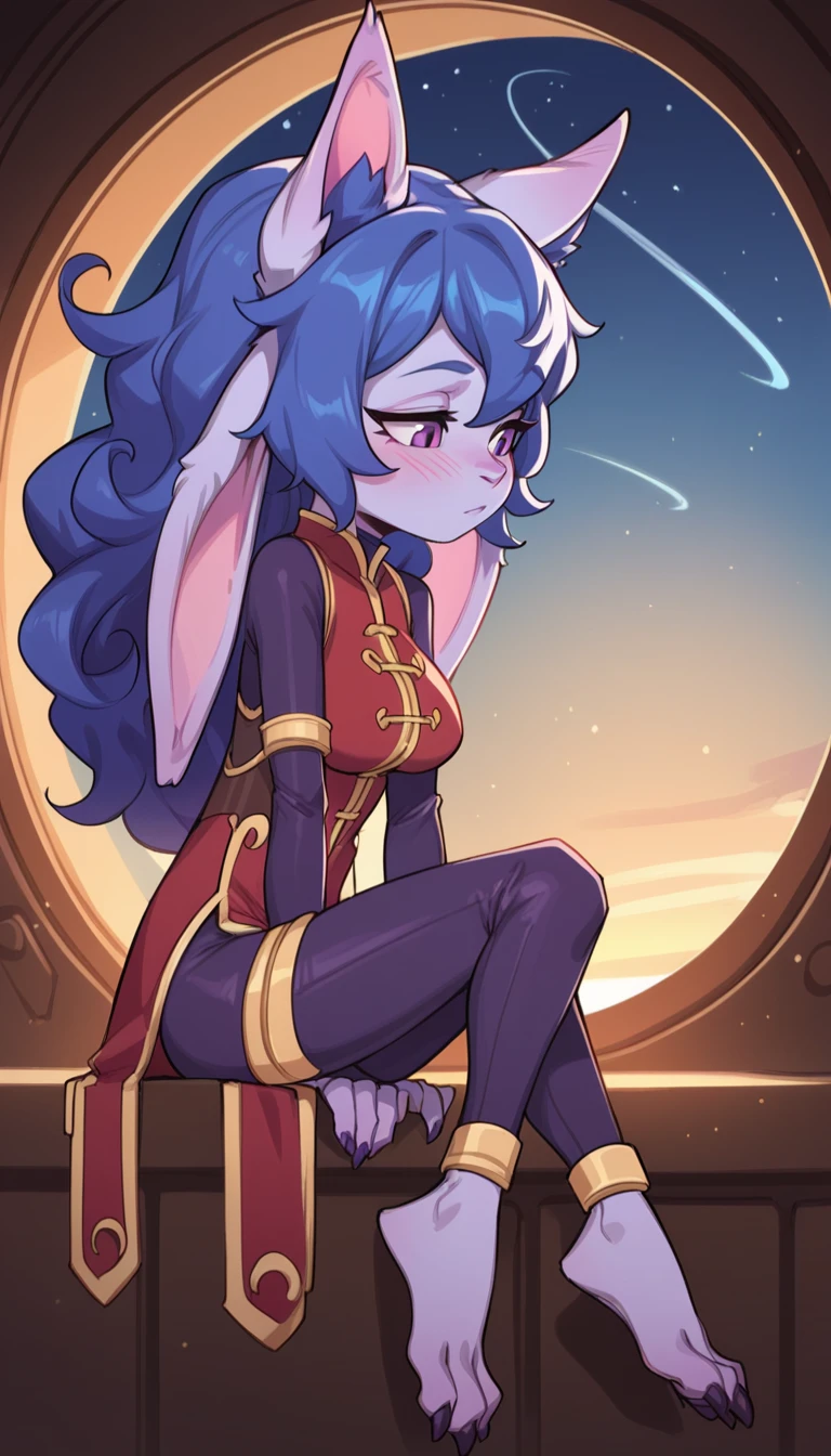 score_9, score_8_up, score_7_up, best quality, masterpiece, Lulu, (absurdly high resolution:1.4), from side, (short, diminutive, smol), yordle, (humanoid, light purple skin, purple eyes, (long ears, horizontal ears), long horizontal yordle ears, claws, feminine), futuristic outfit, barefoot, cute, adorable, slim, thin, (hair, fluffy hair,), large breasts, sleepy expression, blush lines, submissive), solo, spaceship setting, window, night sky, Expressive, young, expressive, outer space, matching clothes, fix arms,
