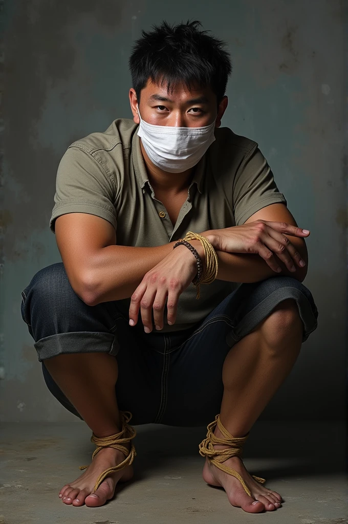 Hot asian guy, butt naked, bound and gagged, sweaty, on a chair