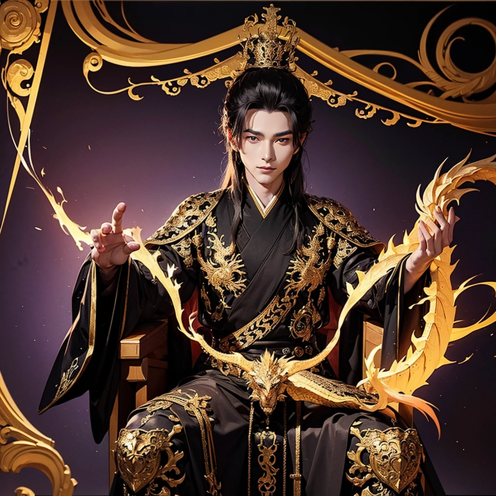 1 person, 20 years old male youth, solo, Monk's robe, full body, Magic world, A 20-year-old man, Wearing navy blue hanfu, kung fu pose, A look of determination, The man has a close-up face, Delicate facial features of facial features,Handsome and handsome, Big eyes, confident smile,Masterpiece, best quality, hyperfine, Smoke, handheld weapon, handheld katana, Flame, red theme, glowing knife, smoke, flame, black hair, black beard, long katana, handheld weapon, surrounded by dragons, dragon surround people