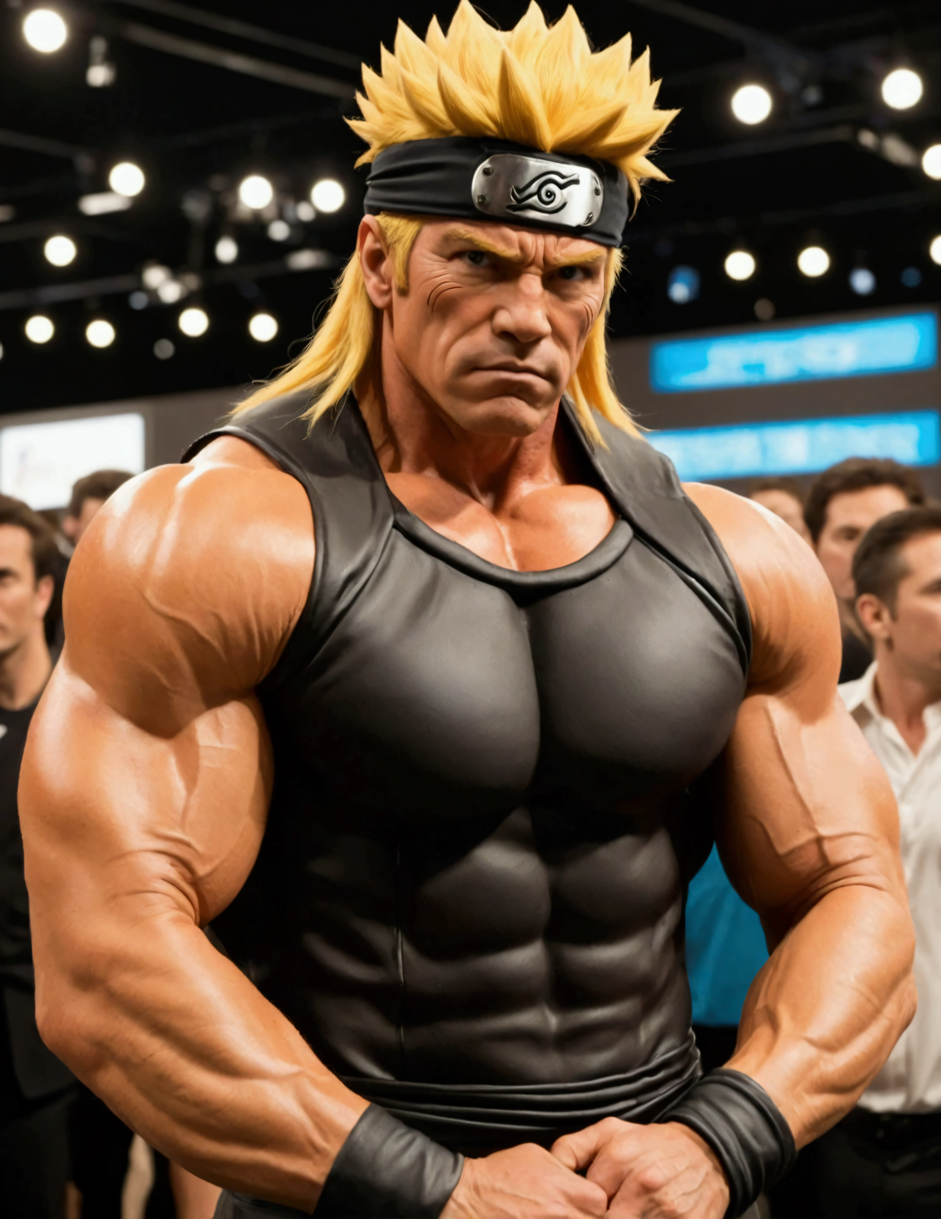 un Bodybuilder iper realistico , ultra dettagliato asiatico con volto giapponese alto 3 metri dal peso di 300 kg , capelli biondi lunghi con la coda, occhi azzurri, mascelle larghe, gambe impressionanti piene di venature, deltoidi come palloni , mentre posa presso uno stand con il marchio: INSULINE PUMPING ROOM presso la fiera del Mister Olympia 2023 di Bodybuilding.