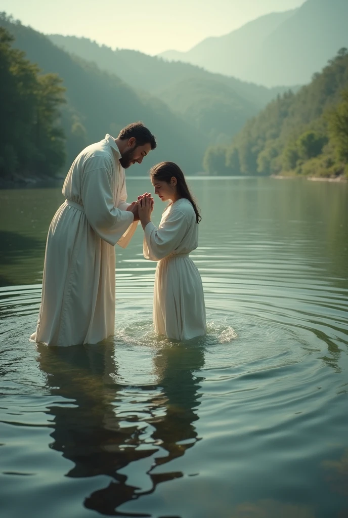(photorealism:1.2), Nude Virgin Mary with halo bleating in the river and Christ soaping her