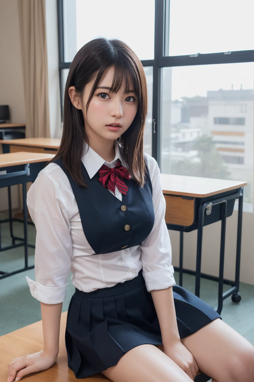 masterpiece, Highest quality, figure, Very detailed, Fine details, High resolution, 8k,wallpaper, Perfect dynamic composition,(Detailed high quality, Realistic depiction of eyes:1.3), From the side, High school classroom、 uniform、blazer 、Super Short Check Uniform Skirt、Navy blue knee-high socks、garter belt、huge 、Disheveled uniform, Short Bob Hair, Black hair color, Large Breasts, Big Natural Color Lip, Bold sexy pose, (Perfect figure), Crying a little、Cold Stare, Harajuku Style、20-year-old girl、Cute type, Beautiful feet, Gravure idol pose, Voluptuous thighs