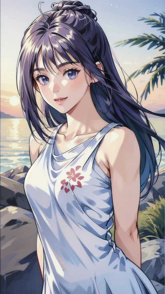 nico robin, 1girl, black hair, blue eyes, breasts, eyewear on head, from side, hair slicked back, hands on own hips, large breasts, long hair, long skirt, looking back, narrow waist, sarong, smile, solo, standing, sunglasses, sea, floral pattern on sarong, ((masterpiece))