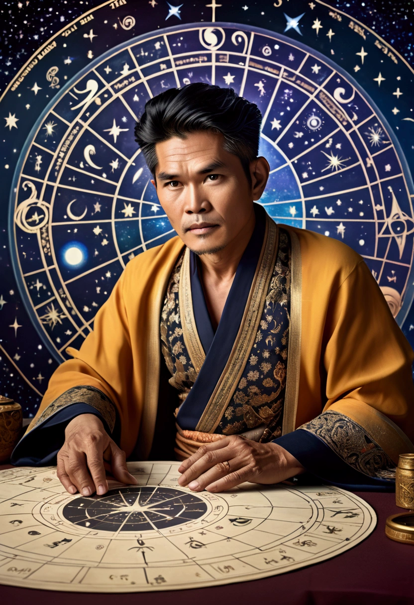 (Thai male astrologer), An astrologer is interpreting fate on a complex star chart, with ancient runes and symbols next to it. The background is a flickering image of a galaxy, full body, (Photography), panoramic view, award-winning, cinematic still, emotional, vignette, dynamic, vivid, (masterpiece, best quality, Professional, perfect composition, very aesthetic, absurdres, ultra-detailed, intricate details:1.3)