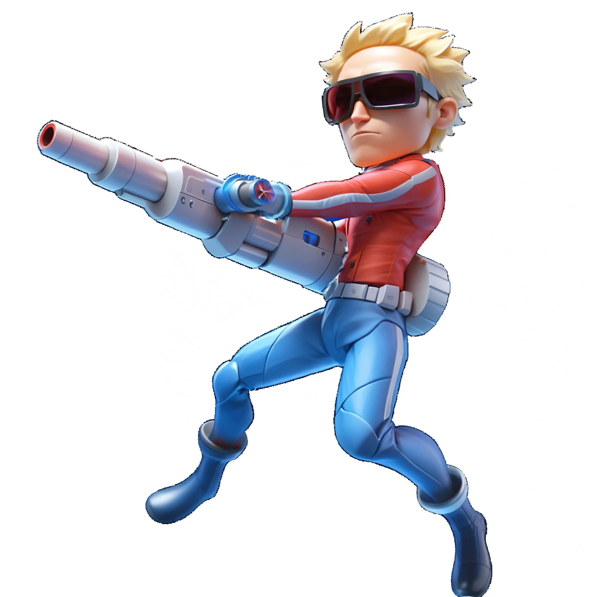 a character man wearing a red and blue suit with . He holds a large gun in his hand, possibly a rocket launcher. The man's pose suggests that he is ready to shoot or fire the weapon. tech sun glasses, bracalets, blonde hair, full body, chibi,