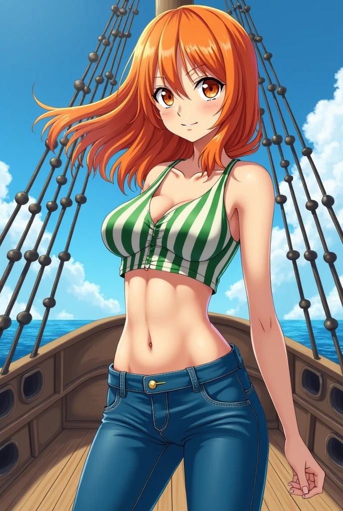 An arafe woman wearing a bikini top and super miniskirt and holding a sword, Squatting with M-shaped legs、White shorts visible under the miniskirt、nami one piece, beautiful portrait of nami,White panties visible from the miniskirt、Squatting with M-shaped legs、 Nami of one piece,Nami in super miniskirt, Detailed Digital Anime Art, Cute exirobat showing white pants, Very detailed ArtGerm haha, deviantart artstation cgscosiety, realistic bikini, Swimsuit, fanart best artstation, ArtGerm. high detailing