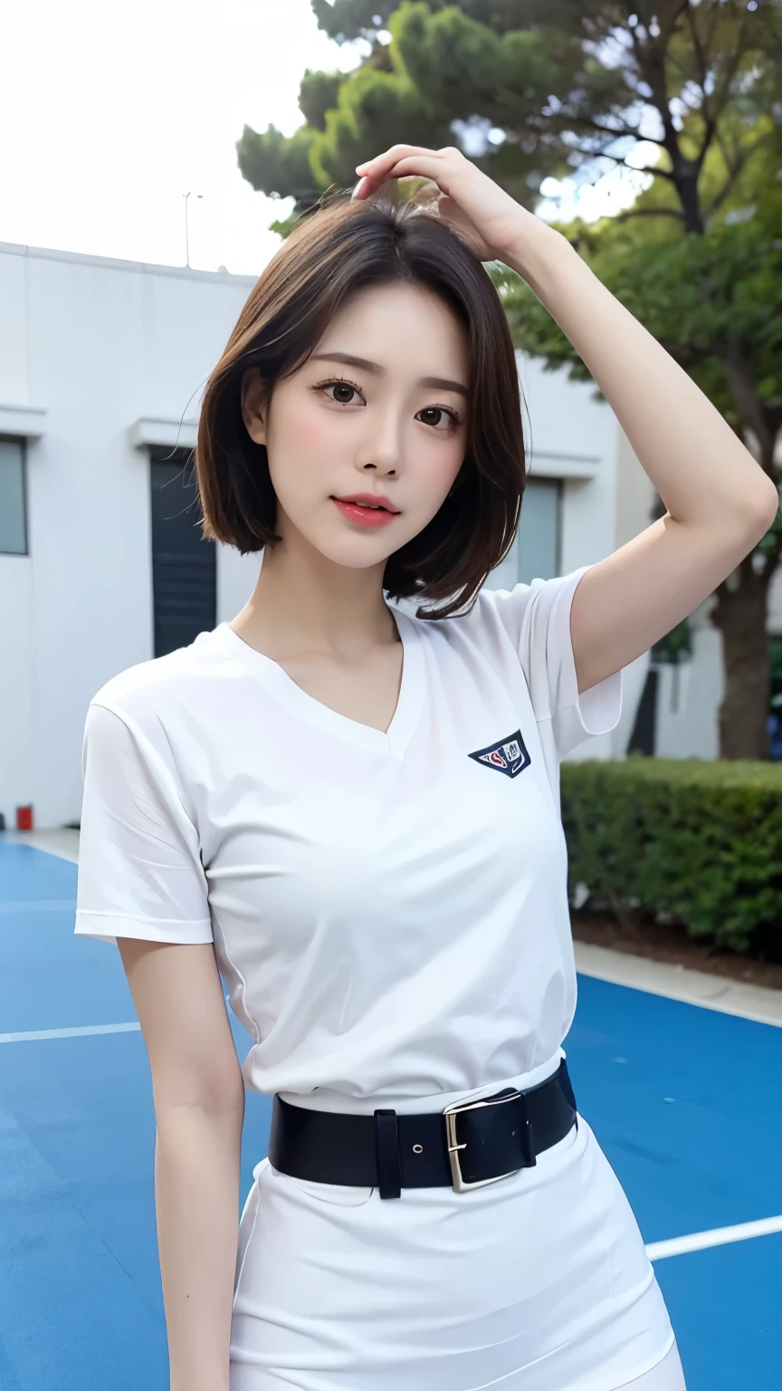 A half-Korean European woman exudes confidence while posing on a minimalist outdoor court, bathed in soft white light that accentuates her features and natural glow. She wears a fitted Mahalai uniform with short sleeve and short black pencil skirt cinched at the waist by a brown belt, framing her relaxed pose amidst the simplicity of the outdoor setting under clear skies.