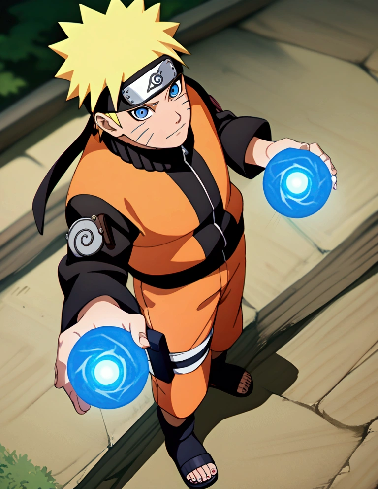 1boy,  naruto uzumaki, Naruto Shippuden, looking at viewer, blonde hair, blue eyes, facial mark, forehead protector, full body, jacket, konohagakure symbol, male focus, BREAK, ((rasengan)) , sandals, short hair, solo, short hair, spiked hair, toeless footwear, whisker markings, amazing background, masterpiece, best quality, very aesthetic, newest,