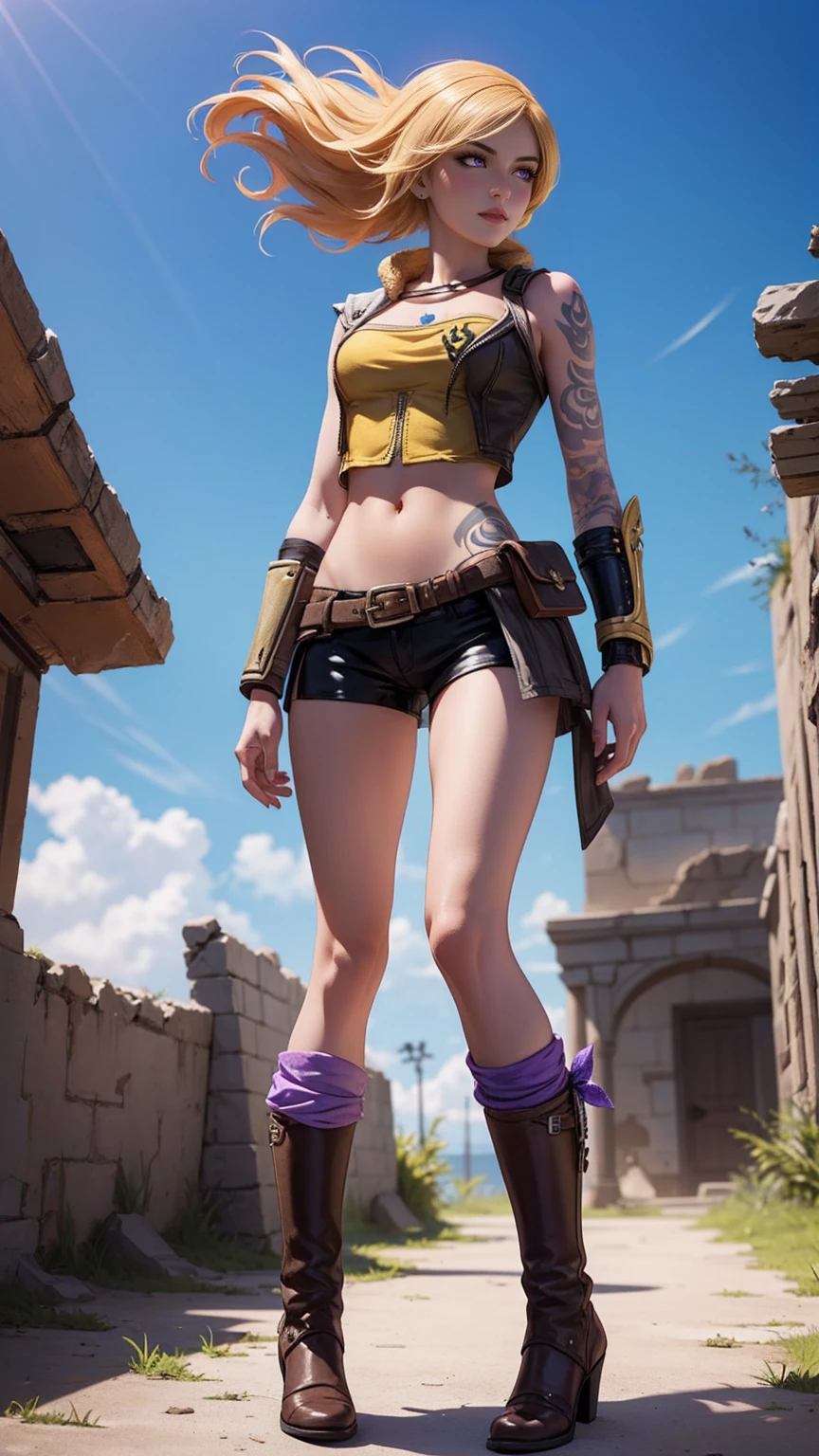 1girl, 1girl, combining elements of Yang Xiao Long from "RWBY" and Lilith from "Borderlands", beautiful detailed eyes, beautiful detailed lips, extremely detailed face and portrait, long eyelashes, flowing golden hair, lilac/violet eyes, crop top, short shorts, wearing flat heeled boots, tattoos, glowing blue markings, posing confidently, fantasy landscape, ancient ruins, sunlight, volumetric lighting, cinematic, award winning digital art, intricate details, highly detailed, hyper realistic, 8k, masterpiece, (wide angle), (full length portrait), lilithbl2, bhands, bare shoulders, 