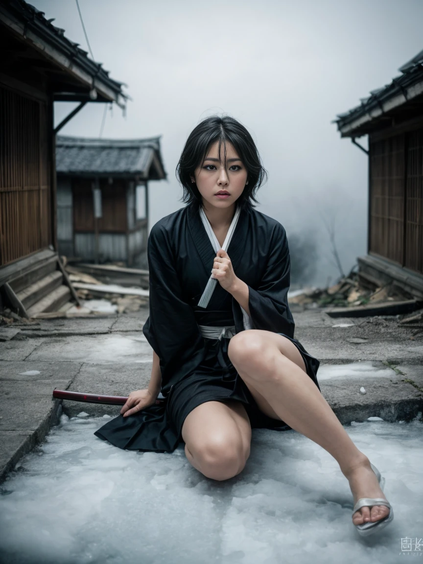 ((Best quality, 8K, Masterpiece:1.3, Beautiful girl)), Cute, detailed girl, (rukia), black hair, purple eyes:1.1, black kimono, pure-white band, short hair, japanese clothes, looking at viewer, (hair between eyes:1.2), holding Japanese katana, weapon, ruins, abandoned village, crystallineAI, (ice background:1.1), in the fog, from front, sad face, toned legs,  white breath, steam
