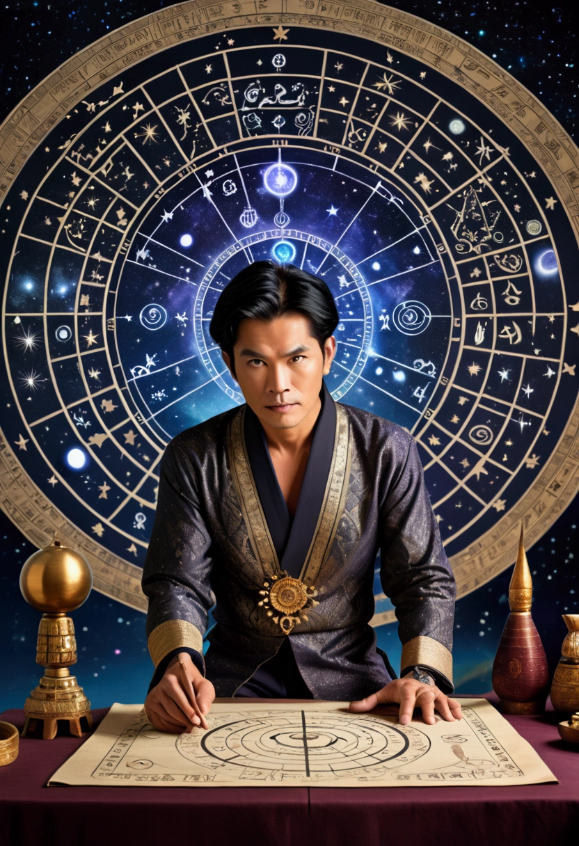 (Thai male astrologer), An astrologer is interpreting fate on a complex star chart, with ancient runes and symbols next to it. The background is a flickering image of a galaxy, full body, (Photography), panoramic view, award-winning, cinematic still, emotional, vignette, dynamic, vivid, (masterpiece, best quality, Professional, perfect composition, very aesthetic, absurdres, ultra-detailed, intricate details:1.3)