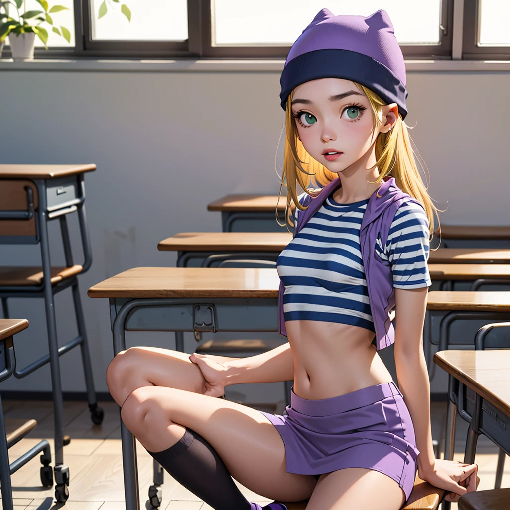 (masterpiece, best quality), 1girl, izumi Orimoto, indoors, classroom, green eyes, blonde hair, long hair, purple beanie, purple vest, purple miniskirt, blue white striped shirt, long purple socks, purple vest, striped shirt, navel shirt, small  size breast. skirt lifting