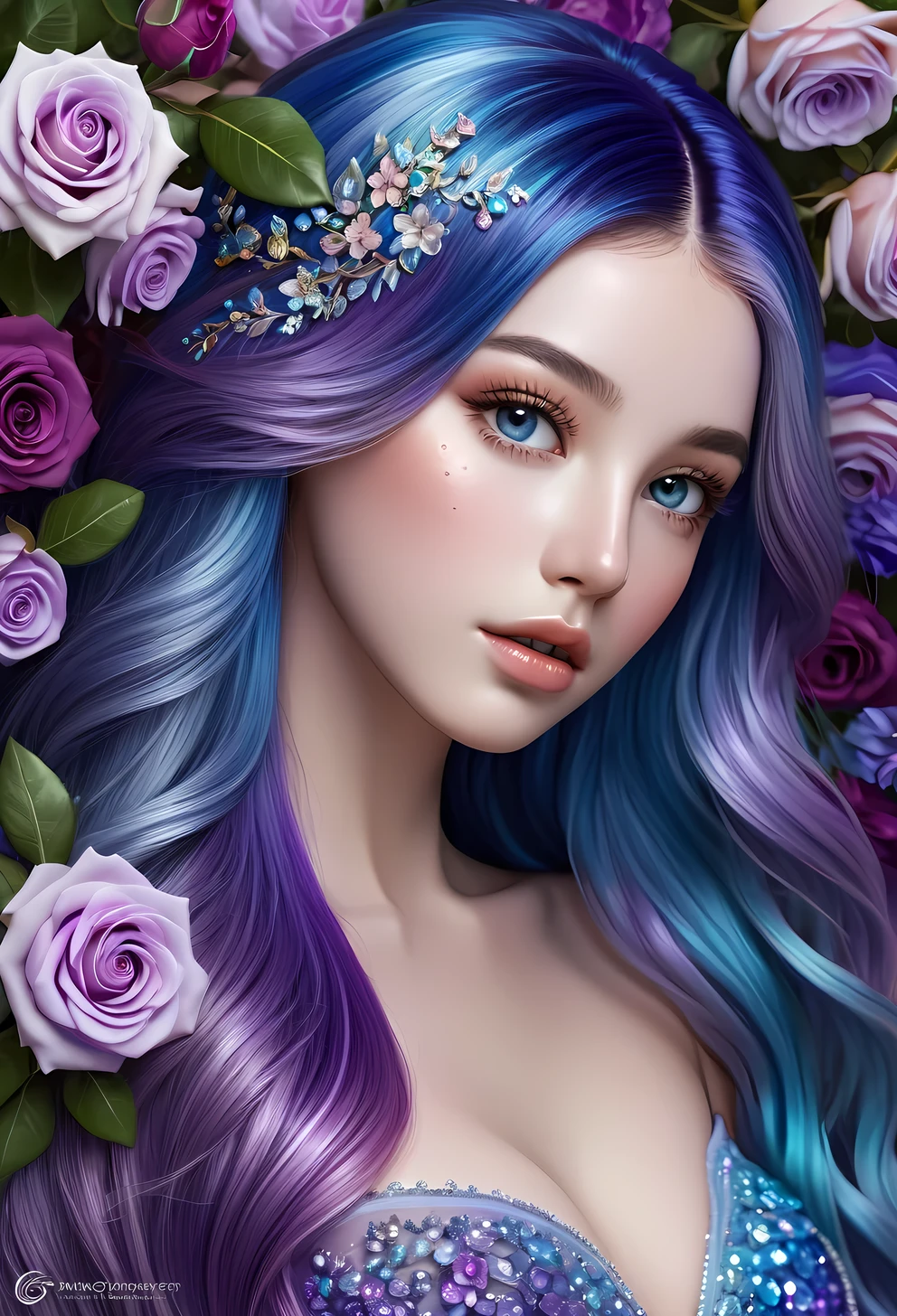 (masterpiece), anatomically correct, accurate, textured skin, high details, high quality, (best quality), (super detail), perfect detailed eyes, perfect detailed face, ultra-detailed nose, multicolored hair, gradient hair(blue and purple), long hair, straight hair, sparkle, Flower gardens, gardens, rose gardens, Flowers in full bloom, Glamorous atmosphere, luxurious