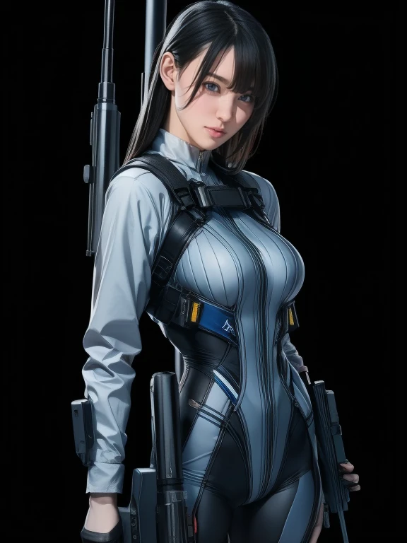 Best image quality、Amazing details、Ultra-high resolution、（realism：1.4）、（（Close：0.75））、One woman is very condensed、Beautiful and delicate face、Perfect proportions、Narrow your target audience、Small breasts）、Black Hair、（Blue tech suit）、（A cyborg compared to a police uniform、、、Black and grey mech、Military Harness、carrying a sniper rifle、Hitch Tech Flamethrower Tank Transport）、Simple grey wall in the background、
