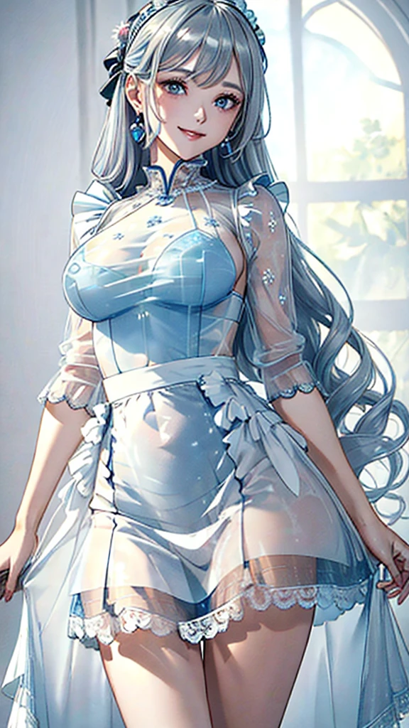 (((masterpiece, super high resolution, ultra HD, 8K quality))), (((((woman in Pale Blue see-through Maid dress))))), (((((shining long silver hair, Long bangs)))))) ((((beautiful shining grey eyes))))), (((eye highlights))), pink lips, sexy expression, ((highly detailed)), (perfect face), ((((very large breasts))))), (((charming smile))), photorealistic image, earrings, beautiful figure above the knees, standing, (((front view))), rainbow colored background