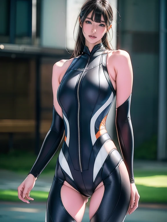 Best image quality、Amazing details、Ultra-high resolution、（realism：1.4）、（（Close：0.75））、One woman is very condensed、Beautiful and delicate face、Perfect proportions、Narrow your target audience、Small breasts）、Black Hair、（Blue tech suit）、（A cyborg compared to a police uniform、、、Black and grey mech、Military Harness、carrying a sniper rifle、Hitch Tech Flamethrower Tank Transport）、Simple grey wall in the background、
