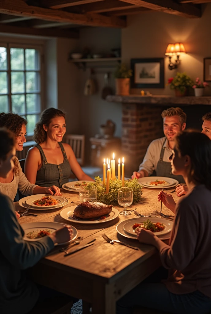 A family gathers around a dinner table, the room filled with the aroma of a home-cooked meal. Laughter and conversation flow easily as they share stories from their day, their faces glowing in the soft candlelight.