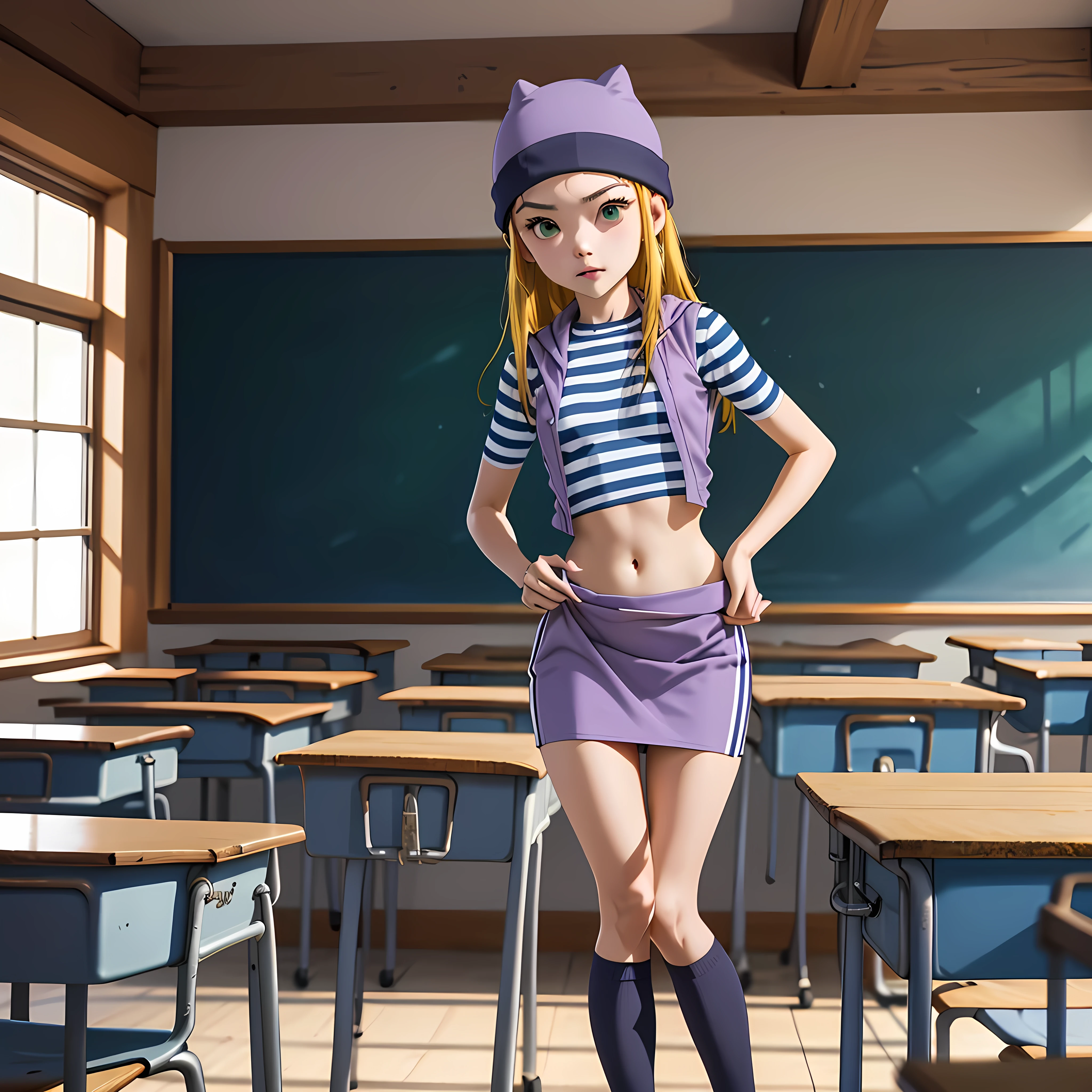 (masterpiece, best quality), 1girl, izumi Orimoto, indoors, classroom, green eyes, blonde hair, long hair, purple beanie, purple vest, purple miniskirt, blue white striped shirt, long purple socks, purple vest, striped shirt, navel shirt, small  size breast. skirt lifting