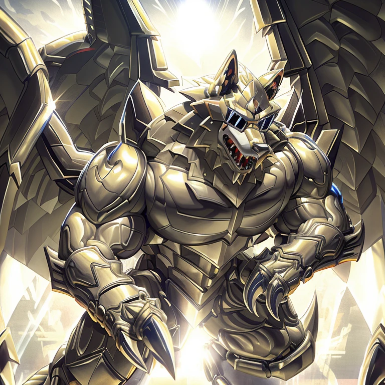 (freddy wolf, 8K), (freddy wolf's giant robot, Powered exoskeleton with the same design as freddy wolf), (Masterpiece, highres) (Detailed head, Detailed Body, Detailed abs, full body) (gigantic muscles, Gigachad Muscular, big muscle, pecs, triceps, traps, unusually developed muscular body, body full of huge muscles. showing off muscles, pectorales enormes, Exaggeratedly huge muscles.) (nj5furry, The claws are sharp, Sharp teeth, sharp claws), (long legs), (Spread wings, It has wings, have big wings, golden wings), (Wrestling, wrestler, the bodybuilding), (It has wings, whole body shines like metal, Wearing cyberpunk mecha, emphasizes the muscles, suit fully made of metal, intricate armor, Robotic suit, suit fully made of metal, cyborg), menacing pose, The whole body is golden. no face. BULK UP. The whole body is golden. wearing a full-face helmet. no blue. no face. He is wearing sunglasses. The face is hidden inside the helmet and cannot be seen. Realistic Macro Furries.