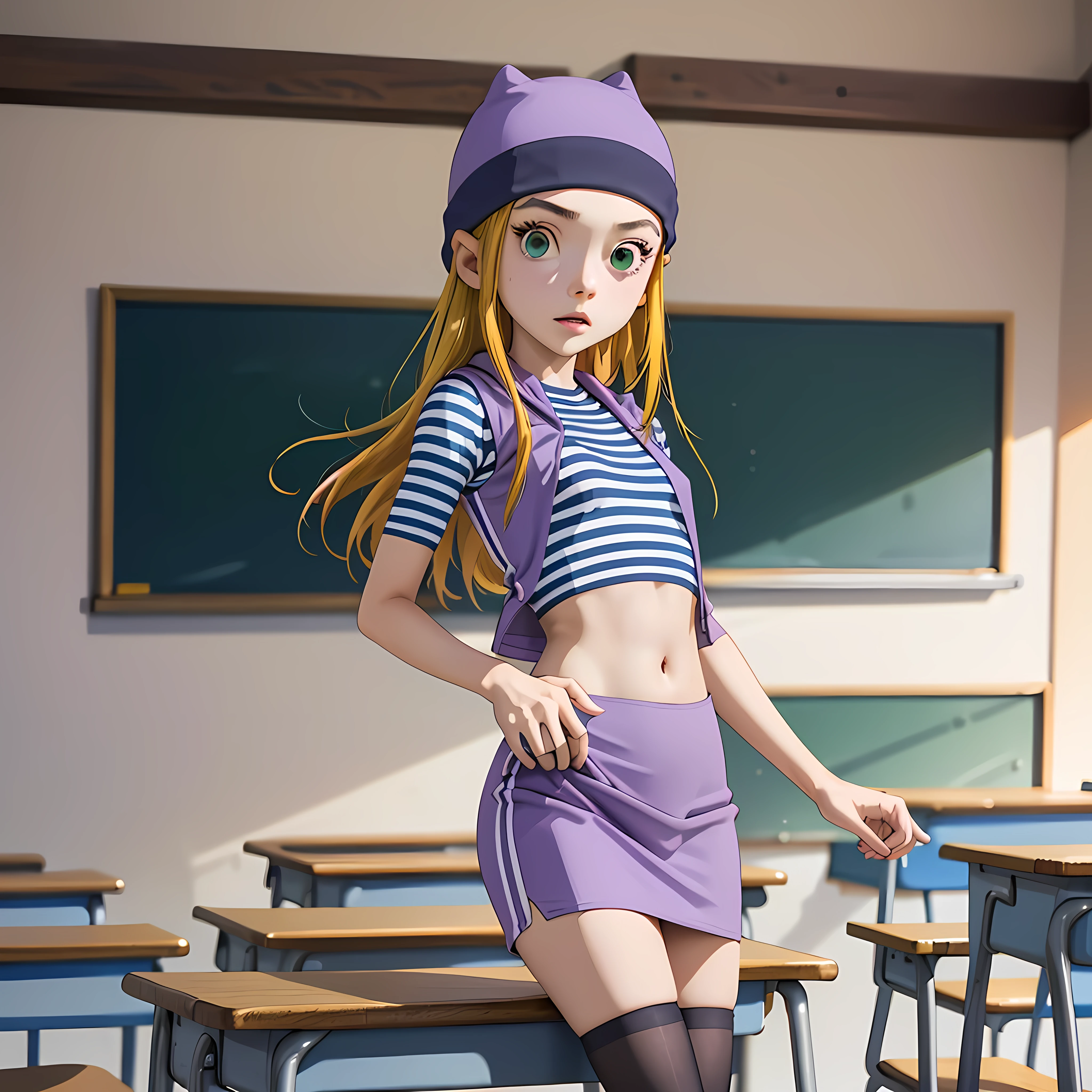 (masterpiece, best quality), 1girl, izumi Orimoto, indoors, classroom, green eyes, blonde hair, long hair, purple beanie, purple vest, purple miniskirt, blue white striped shirt, long purple socks, purple vest, striped shirt, navel shirt, small  size breast. skirt lifting