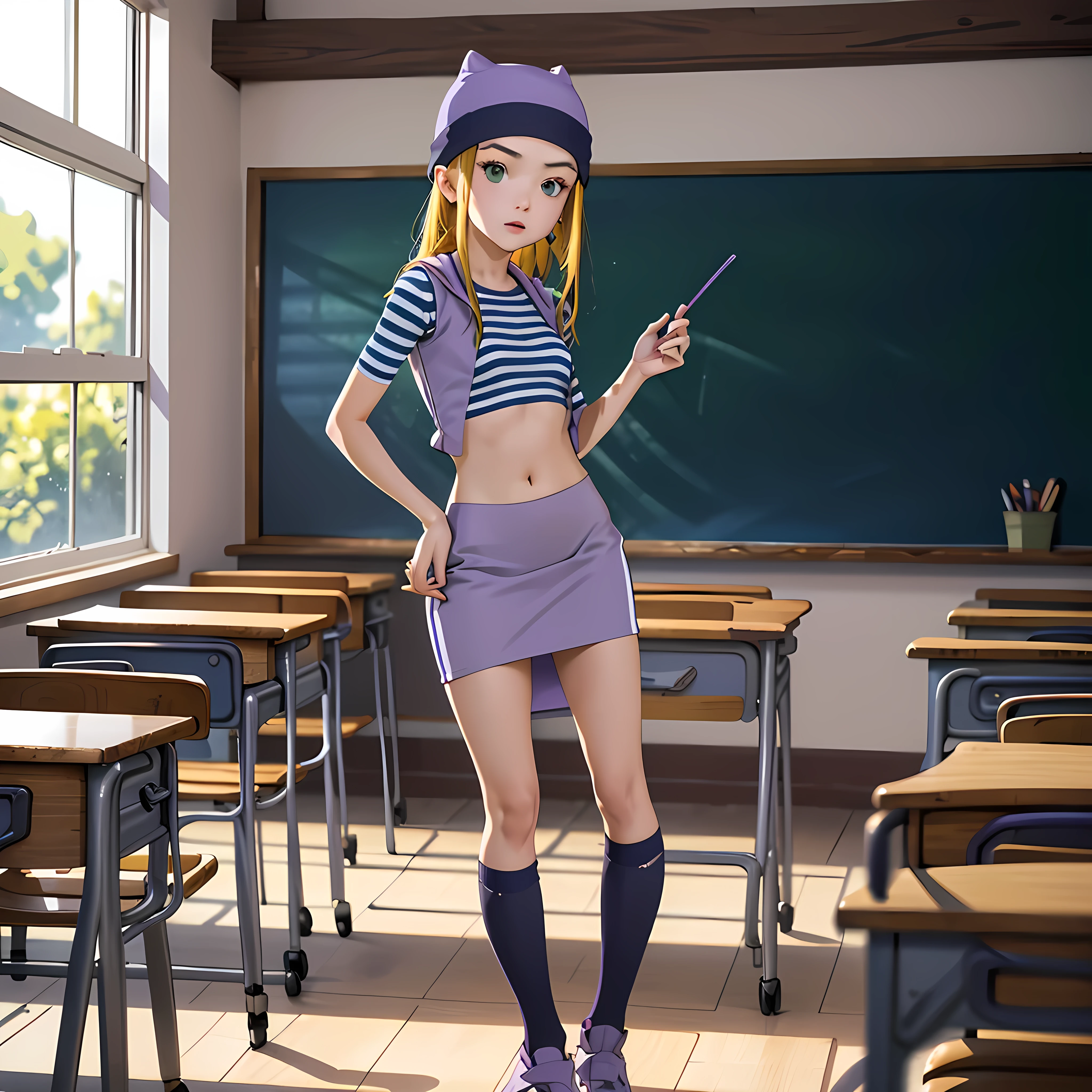 (masterpiece, best quality), 1girl, izumi Orimoto, indoors, classroom, green eyes, blonde hair, long hair, purple beanie, purple vest, purple miniskirt, blue white striped shirt, long purple socks, purple vest, striped shirt, navel shirt, small  size breast. skirt lifting