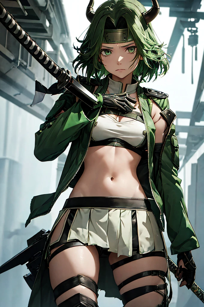 a female anime warrior wearing green hair with swords in hands, and standing, 1girl, solo, navel, horns, torn clothes, green eyes, short hair, midriff