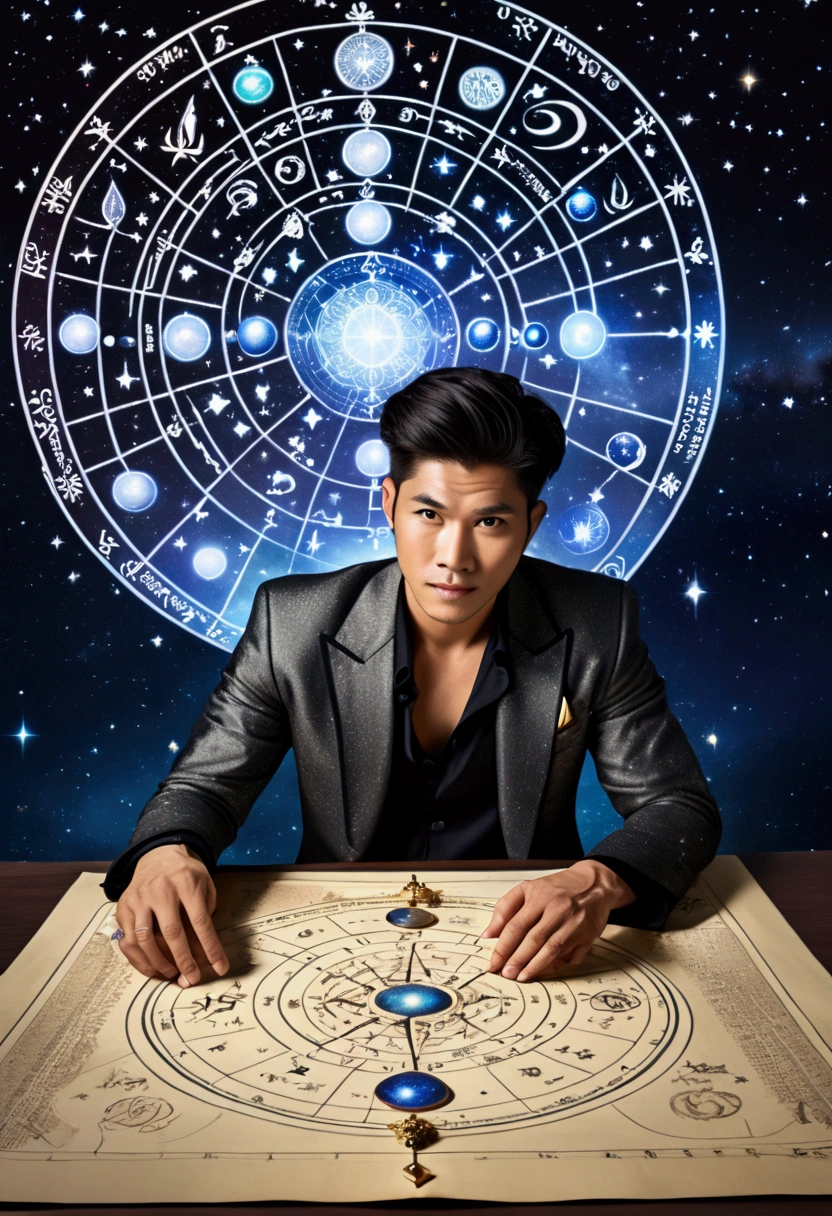 (Thai male astrologer),  30 year old, An astrologer is interpreting fate on a complex star chart, with ancient runes and symbols next to it. The background is a flickering image of a galaxy, full body, (Photography), panoramic view, award-winning, cinematic still, emotional, vignette, dynamic, vivid, (masterpiece, best quality, Professional, perfect composition, very aesthetic, absurdres, ultra-detailed, intricate details:1.3)