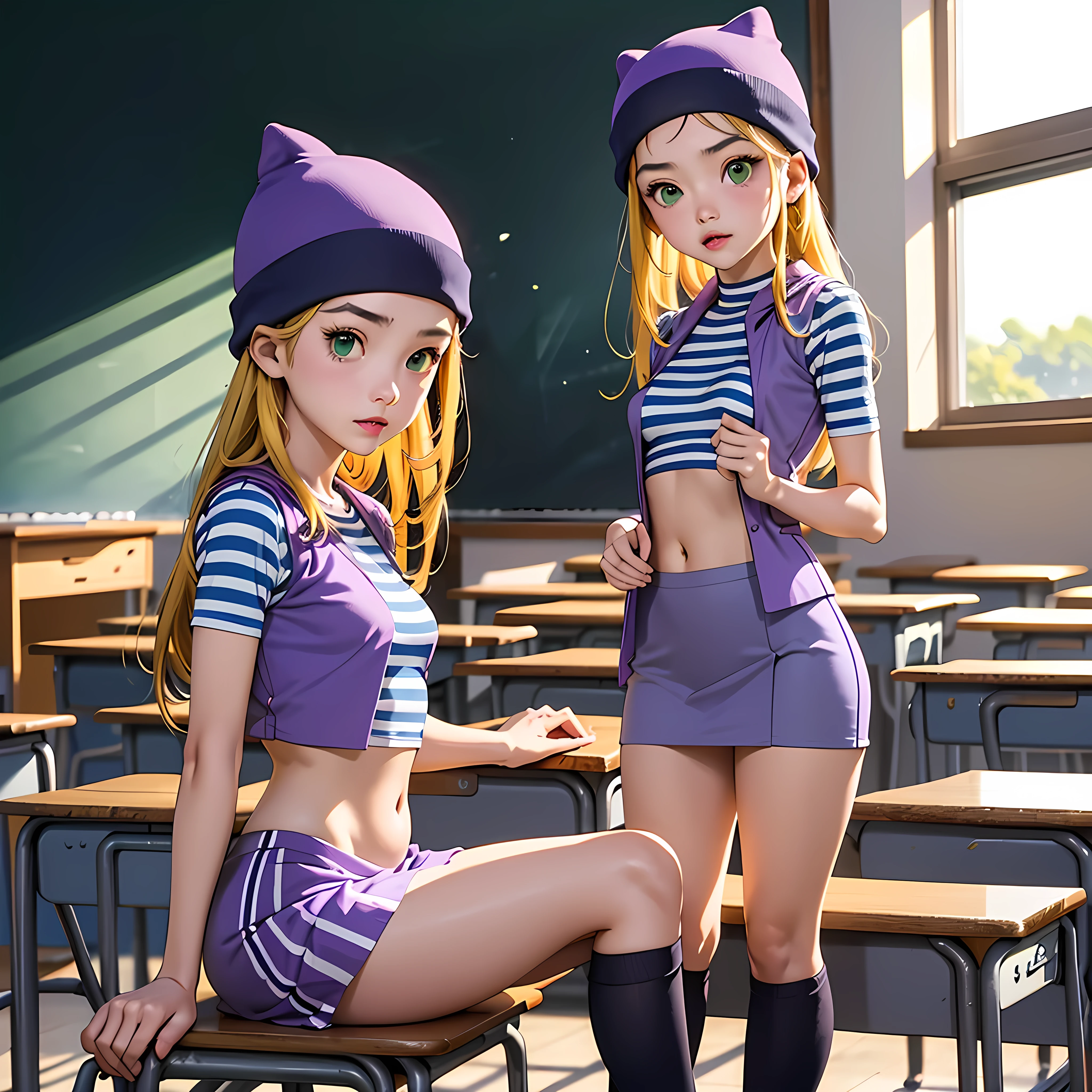 (masterpiece, best quality), 1girl, izumi Orimoto, indoors, classroom, green eyes, blonde hair, long hair, purple beanie, purple vest, purple miniskirt, blue white striped shirt, long purple socks, purple vest, striped shirt, navel shirt, small  size breast. skirt lifting