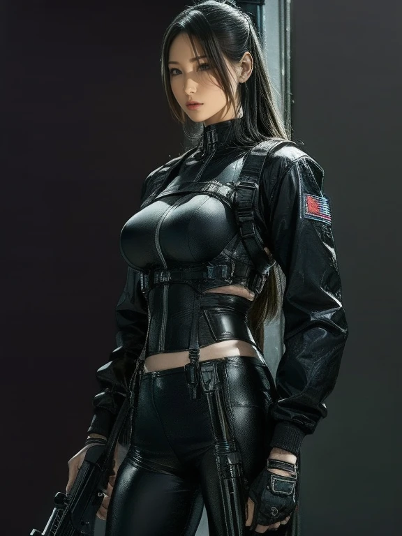 Best image quality、Amazing details、Ultra-high resolution、（realism：1.4）、（（Close：0.75））、One woman is very condensed、Beautiful and delicate face、Perfect proportions、Narrow your target audience、Small breasts）、Black Hair、（High-tech suit）、（A cyborg compared to a police uniform、、、Black and grey mech、Military Harness、With a machine gun、Hitch Tech Flamethrower Tank Transport）、Simple grey wall in the background、
