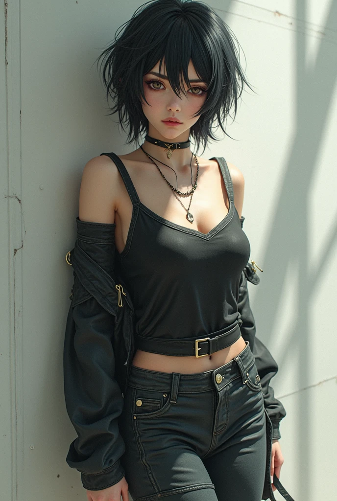 1girl, woman, emo_hairstyle, black lipstick, dog collar, eyeliner, eye shadow, smoky eyes, realistic lighting, short hair, flat chest, sleeveless silk shirt, short shorts, standing up.