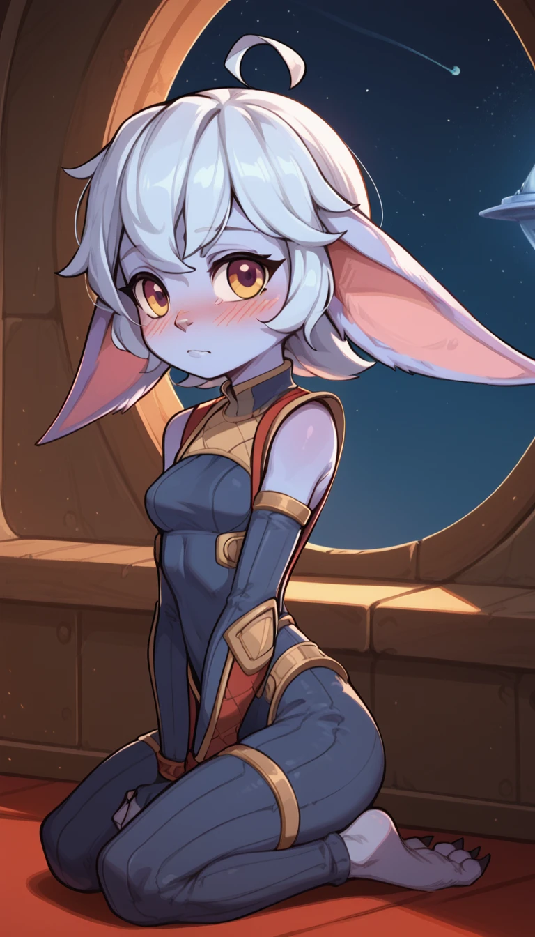 score_9, score_8_up, score_7_up, best quality, masterpiece, Lulu, (absurdly high resolution:1.4), from side, (short, diminutive, smol), yordle, (humanoid, light purple skin, purple eyes, (long ears, horizontal ears), long horizontal yordle ears, claws, feminine), futuristic outfit, barefoot, cute, adorable, slim, thin, (hair, fluffy hair,), large breasts, sleepy expression, blush lines, submissive), solo, spaceship setting, window, night sky, Expressive, young, expressive, outer space, matching clothes, fix arms,