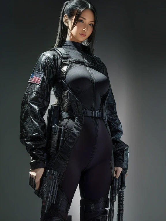 Best image quality、Amazing details、Ultra-high resolution、（realism：1.4）、（（Close：0.75））、One woman is very condensed、Beautiful and delicate face、Perfect proportions、Narrow your target audience、Small breasts）、Black Hair、（High-tech suit）、（A cyborg compared to a police uniform、、、Black and grey mech、Military Harness、Carry a handgun、Hitch Tech Flamethrower Tank Transport）、Simple grey wall in the background、
