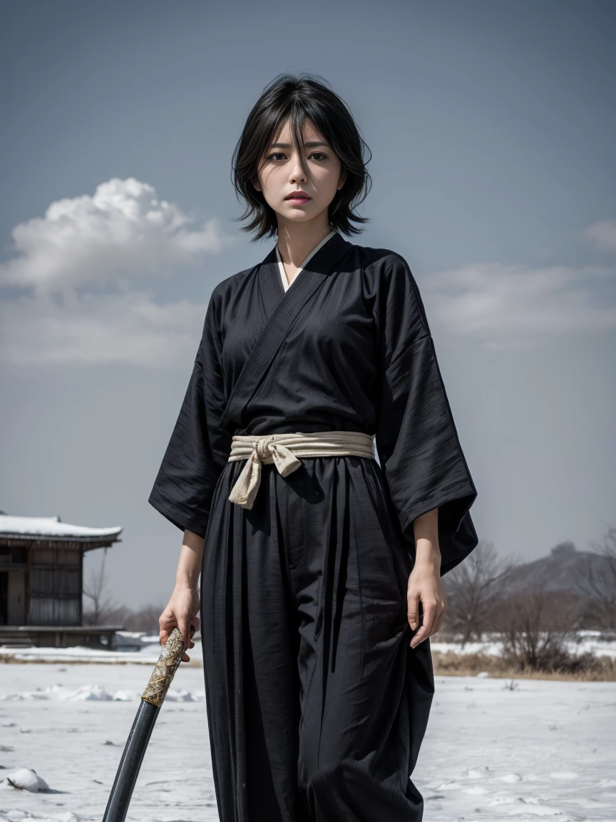 ((Best quality, 8K, Masterpiece:1.3, Beautiful girl)), Cute, detailed girl, (rukia), black hair, purple eyes:1.1, black kimono, pure-white band, short hair, japanese clothes, looking at viewer, (hair between eyes:1.2), holding Japanese katana, weapon, ruins, abandoned village, crystallineAI, (ice background:1.1), in the fog, from front, standing, toned legs, white breath, steam
