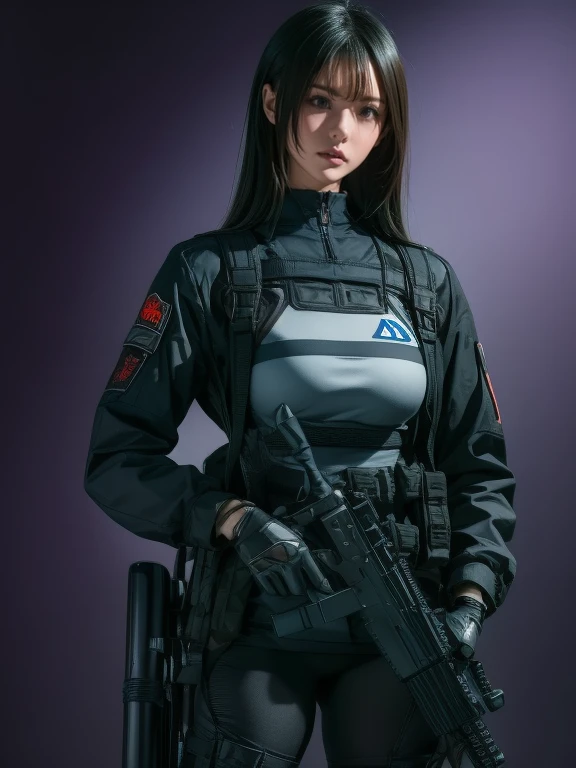 Best image quality、Amazing details、Ultra-high resolution、（realism：1.4）、（（Close：0.75））、One woman is very condensed、Beautiful and delicate face、Perfect proportions、Narrow your target audience、Small breasts）、Black Hair、（Red tech suit）、（A cyborg compared to a police uniform、、、Black and grey mech、Military Harness、carrying a sniper rifle、Hitch Tech Flamethrower Tank Transport）、Simple grey wall in the background、
