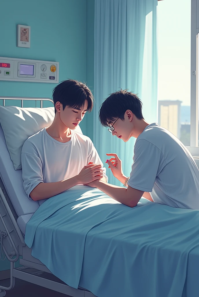 The boy is lying in a hospital bed.