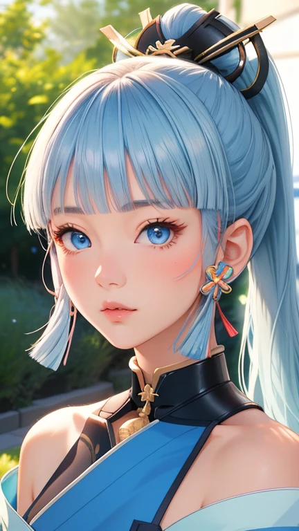 cute girl standing in a garden, beautiful detailed eyes, bright blue eyes, extremely detailed and beautiful face, (Kamisato Ayaka: 1.2), focused on the face, ponytail, Kamisato Ayaka (Genshin Impact), light blue hair, highly detailed hair, bangs, best lighting, excellent shadows, extremely detailed, vibrant Kitsune Udon