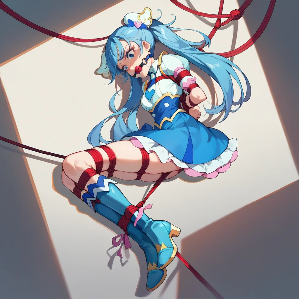 1girl,cure sky,hirogaru sky precure, kidnapped, rope bondage, full body, gagged, ballgag, rope, hands behind back,tie blue boots,sensitive pose