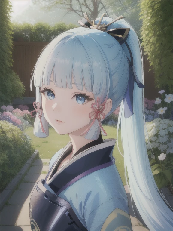 cute girl standing in a garden, beautiful detailed eyes, bright blue eyes, extremely detailed and beautiful face, (Kamisato Ayaka: 1.2), focused on the face, ponytail, Kamisato Ayaka (Genshin Impact), light blue hair, highly detailed hair, bangs, best lighting, excellent shadows, extremely detailed, vibrant Kitsune Udon