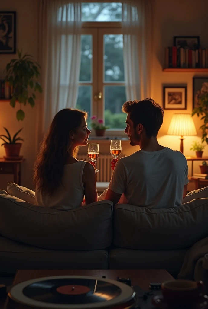 A man and a woman inside a nice and luxurious house talking and having a drink like friends. The man doesn&#39;t have glasses and is dressed in a t-shirt and pants that are a little too far away.