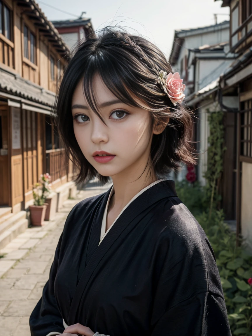 ((Best quality, 8K, Masterpiece:1.3, Beautiful girl)), Cute, detailed girl, (rukia), black hair, purple eyes:1.1, , looking at viewer, (hair between eyes:1.2), holding a rose, in a village, flower in hair, cute, pretty colorful kimono