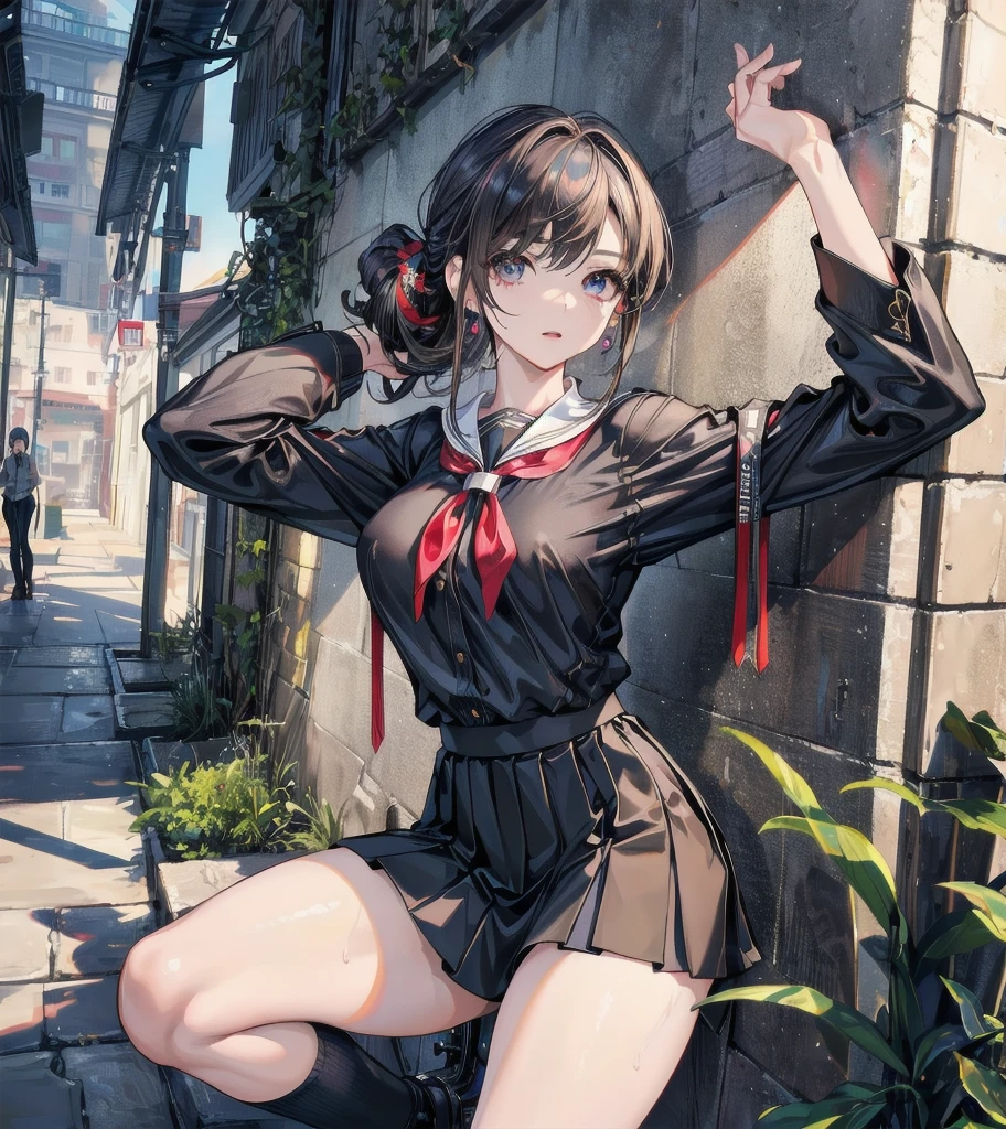 absurdres, RAW photo, extremely delicate and beautiful, masterpiece, Best Quality, ultra high resolution, 32k, hyperrealistic, ultra-detailed, perfect anatomy, super Detailed skin, perfect figure, Japanese woman, late 20s, very Slim body, narrow waist, very small head, handsome detailed woman, very detailed eyes and face, realistic face proportions, Stunning detailed eyes, Realistic beautiful face, very small face, Realistic small beautiful eyes, tearful mole, earring, beautiful and very thin legs, beautiful and very thin thighs, ((very huge round breasts)), medium hair, black hair, (full body shot), ((((school_uniform)))), ((outdoor)),