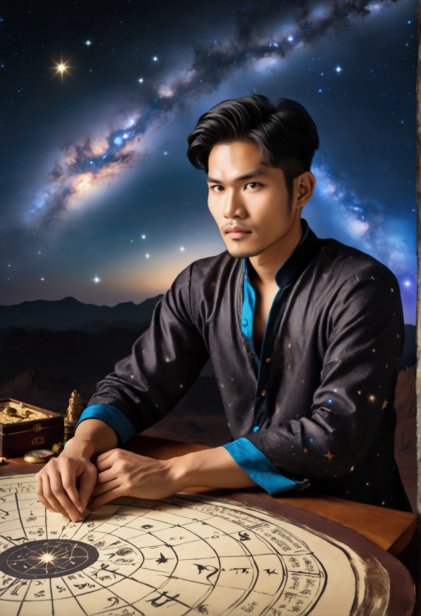 (Thai male astrologer),  30 year old, An astrologer is interpreting fate on a complex star chart, with ancient runes and symbols next to it. The background is a flickering image of a galaxy, full body, (Photography), panoramic view, award-winning, cinematic still, emotional, vignette, dynamic, vivid, (masterpiece, best quality, Professional, perfect composition, very aesthetic, absurdres, ultra-detailed, intricate details:1.3)